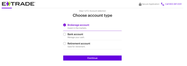 ETrade Choose account type screen.